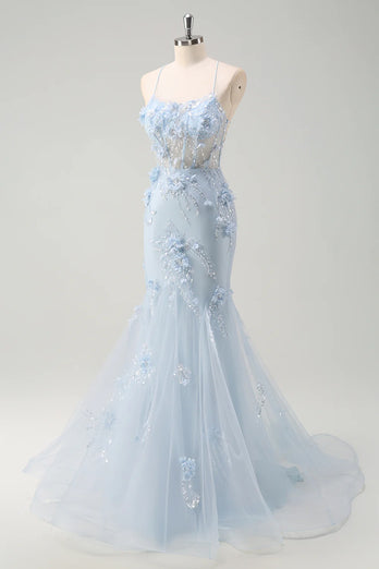 Floral Blue A Line Corset Spaghetti Straps Long Tulle Prom Dress