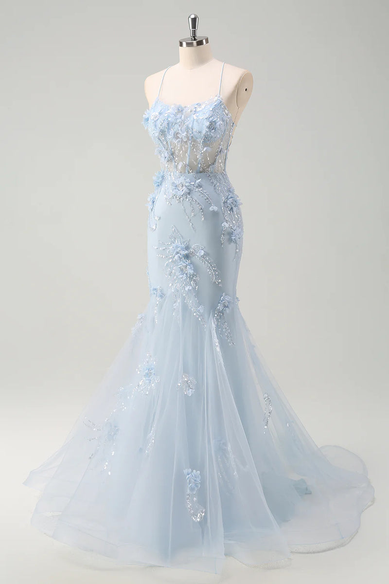 Load image into Gallery viewer, Floral Blue A Line Corset Spaghetti Straps Long Tulle Prom Dress