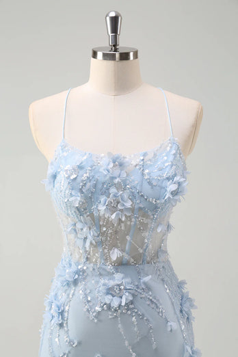 Floral Blue A Line Corset Spaghetti Straps Long Tulle Prom Dress