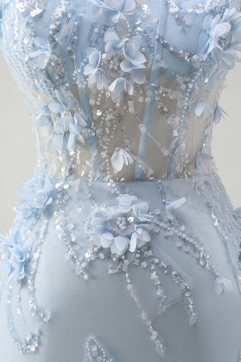 Floral Blue A Line Corset Spaghetti Straps Long Tulle Prom Dress