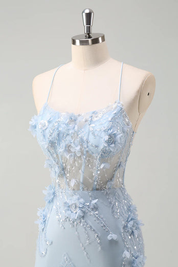 Floral Blue A Line Corset Spaghetti Straps Long Tulle Prom Dress