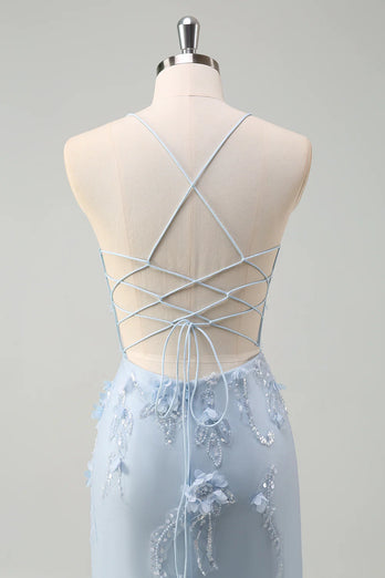 Floral Blue A Line Corset Spaghetti Straps Long Tulle Prom Dress