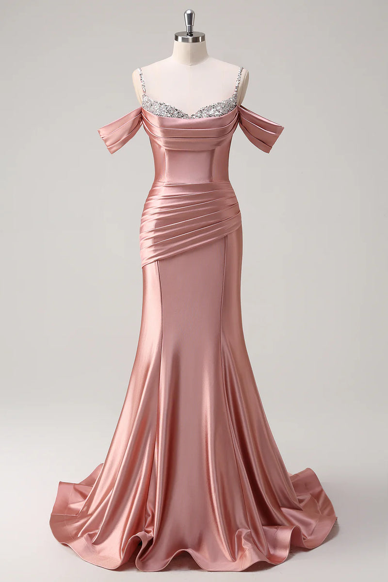 Load image into Gallery viewer, Sparkly Blush Off The Shoulder Mermaid Long Satin Prom Dress