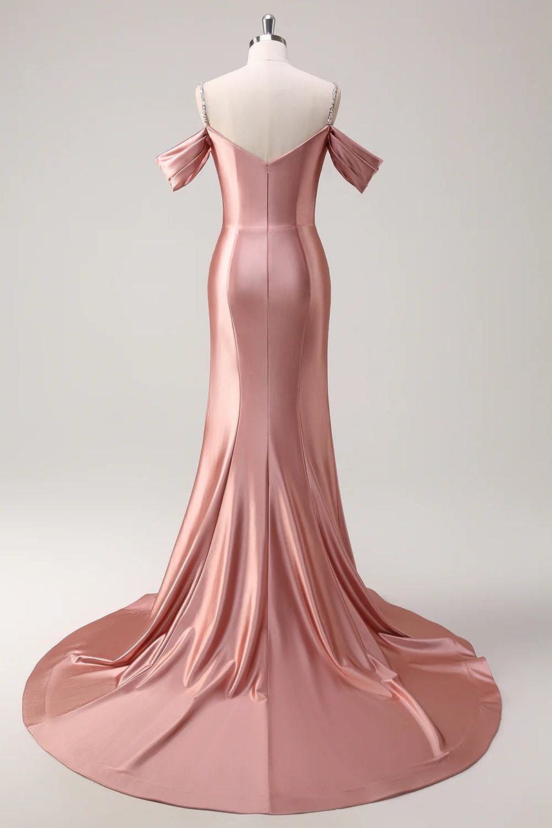 Load image into Gallery viewer, Sparkly Blush Off The Shoulder Mermaid Long Satin Prom Dress