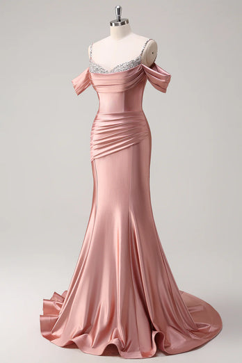 Sparkly Blush Off The Shoulder Mermaid Long Satin Prom Dress