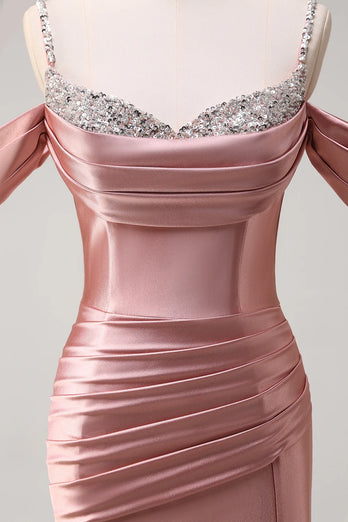 Sparkly Blush Off The Shoulder Mermaid Long Satin Prom Dress