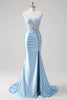 Load image into Gallery viewer, Floral Blue Mermaid Corset Strapless Long Prom Dress with Slit