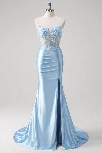 Floral Blue Mermaid Corset Strapless Long Prom Dress with Slit