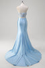 Load image into Gallery viewer, Floral Blue Mermaid Corset Strapless Long Prom Dress with Slit