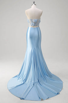 Floral Blue Mermaid Corset Strapless Long Prom Dress with Slit