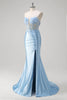 Load image into Gallery viewer, Floral Blue Mermaid Corset Strapless Long Prom Dress with Slit