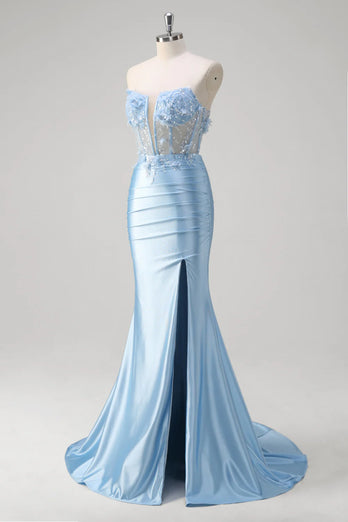 Floral Blue Mermaid Corset Strapless Long Prom Dress with Slit