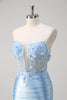 Load image into Gallery viewer, Floral Blue Mermaid Corset Strapless Long Prom Dress with Slit