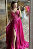 Load image into Gallery viewer, Fuchsia Spaghetti Straps Appliqued Pleated Sweep Train Prom Dress with Slit