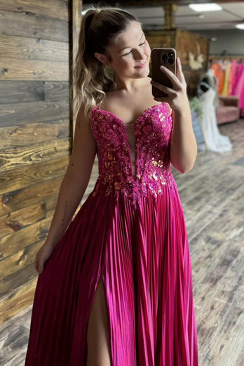 Fuchsia Spaghetti Straps Appliqued Pleated Sweep Train Prom Dress with Slit