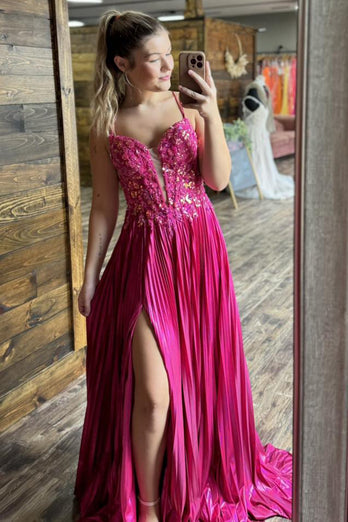 Fuchsia Spaghetti Straps Appliqued Pleated Sweep Train Prom Dress with Slit