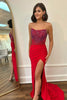 Load image into Gallery viewer, Red Strapless Mermaid Sequined Long Prom Dress with Slit