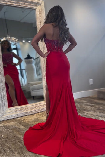 Red Strapless Mermaid Sequined Long Prom Dress with Slit