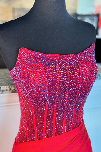 Red Strapless Mermaid Sequined Long Prom Dress with Slit