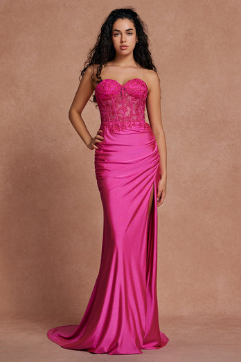 Fuchsia Corset Sweetheart Ruched Long Satin Prom Dress with Slit