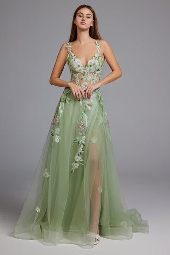 Floral Green Spaghetti Straps A-Line Tulle Long Prom Dress with Slit