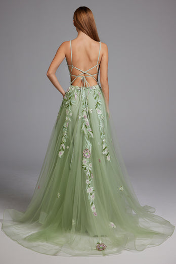 Floral Green Spaghetti Straps A-Line Tulle Long Prom Dress with Slit