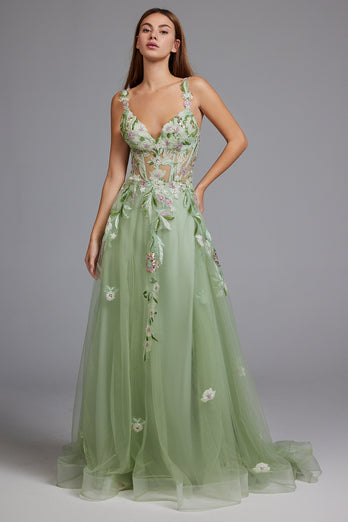 Floral Green Spaghetti Straps A-Line Tulle Long Prom Dress with Slit