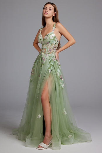 Floral Green Spaghetti Straps A-Line Tulle Long Prom Dress with Slit