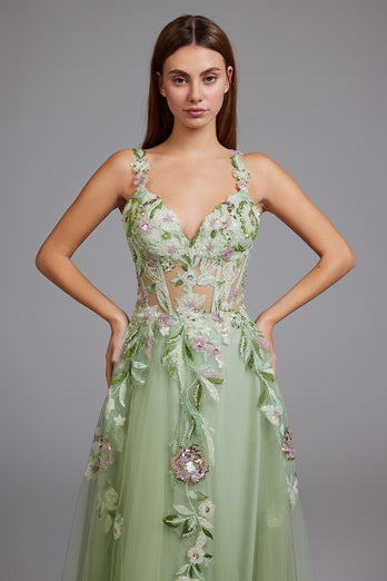 Floral Green Spaghetti Straps A-Line Tulle Long Prom Dress with Slit