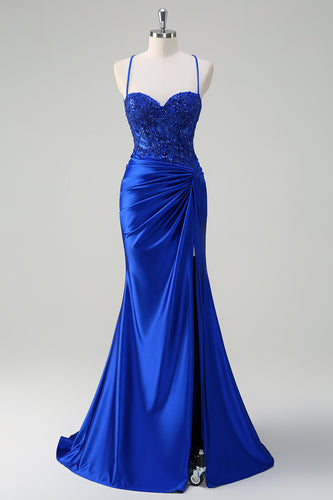 Sparkly Royal Blue Corset Ruched Prom Dress with Slit