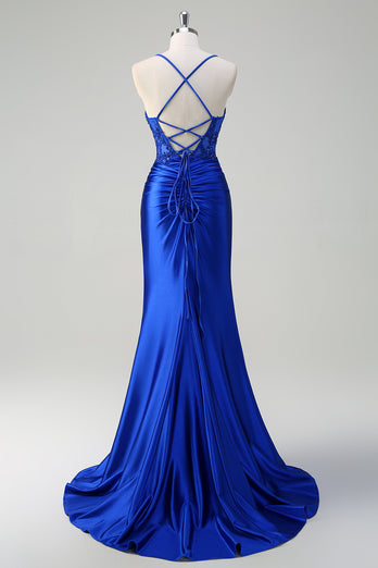 Sparkly Royal Blue Corset Ruched Prom Dress with Slit