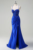 Load image into Gallery viewer, Sparkly Royal Blue Corset Ruched Prom Dress with Slit