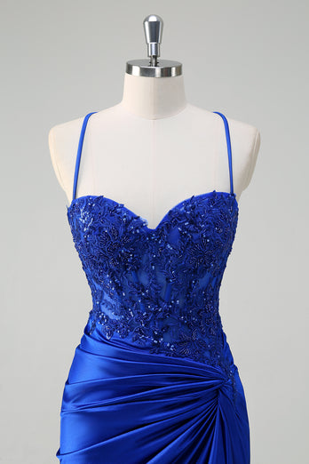 Sparkly Royal Blue Corset Ruched Prom Dress with Slit