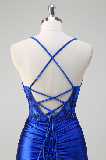 Sparkly Royal Blue Corset Ruched Prom Dress with Slit