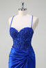 Load image into Gallery viewer, Sparkly Royal Blue Corset Ruched Prom Dress with Slit