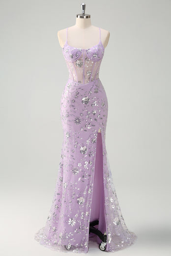 Sparkly Lilac Corset Beaded Prom Dress with Slit