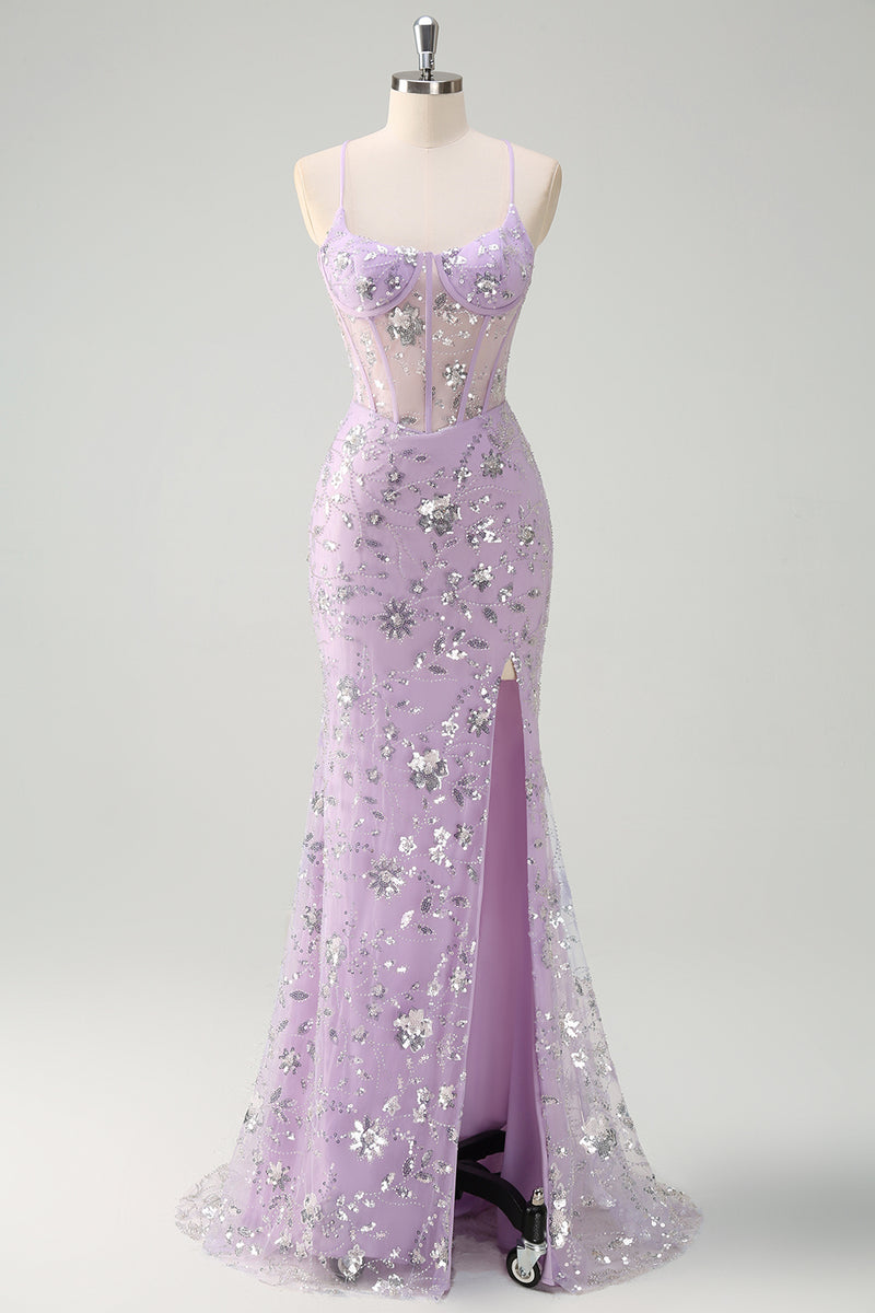 Load image into Gallery viewer, Sparkly Lilac Corset Beaded Prom Dress with Slit