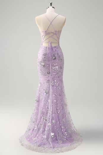 Sparkly Lilac Corset Beaded Prom Dress with Slit