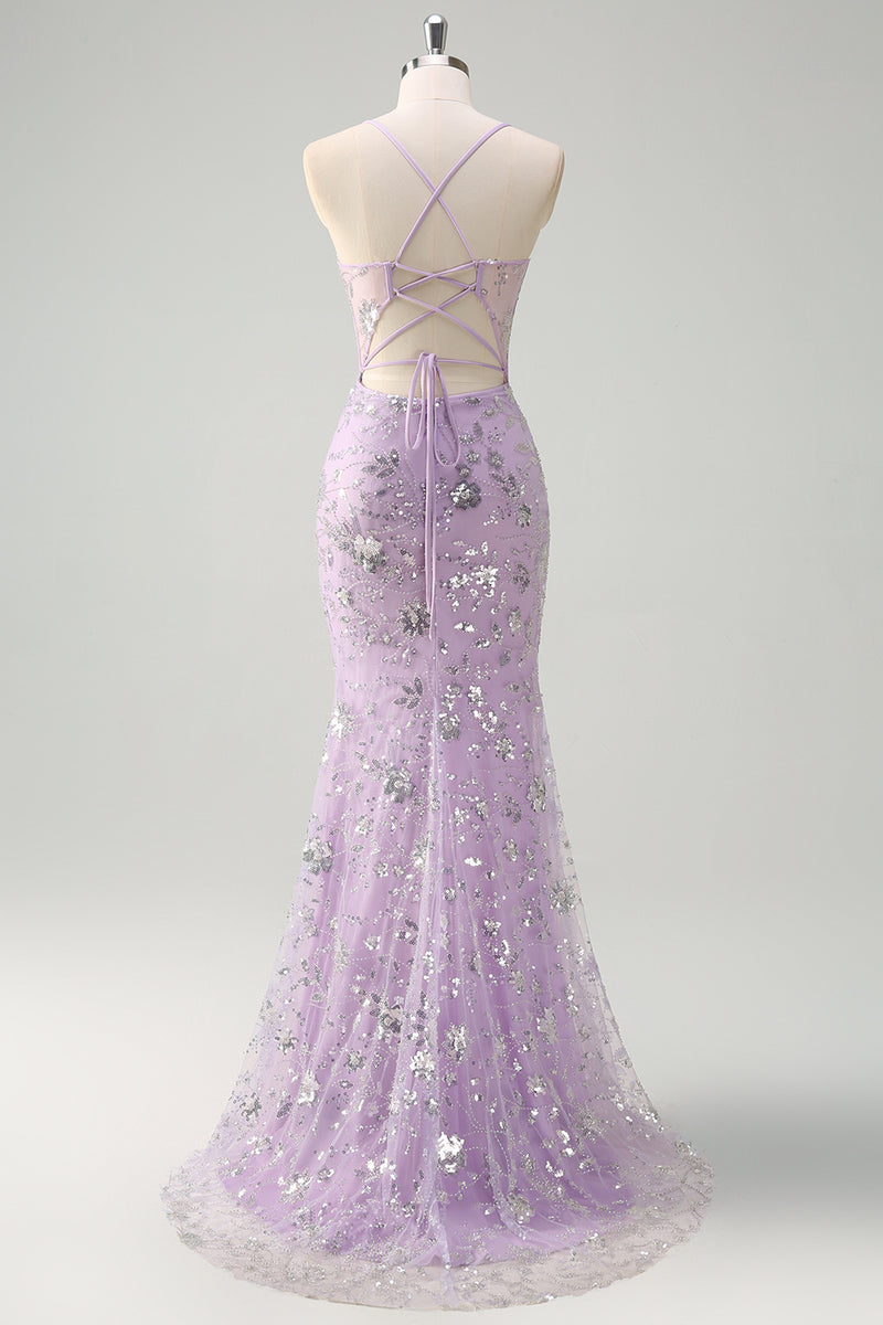 Load image into Gallery viewer, Sparkly Lilac Corset Beaded Prom Dress with Slit