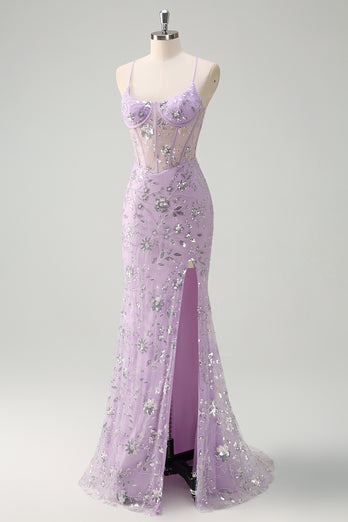 Sparkly Lilac Corset Beaded Prom Dress with Slit