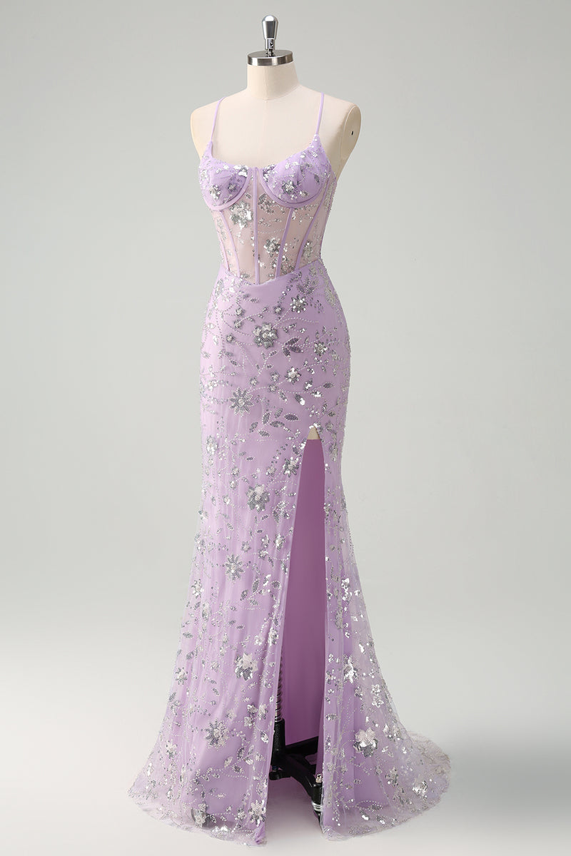 Load image into Gallery viewer, Sparkly Lilac Corset Beaded Prom Dress with Slit