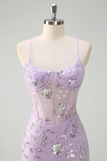 Sparkly Lilac Corset Beaded Prom Dress with Slit