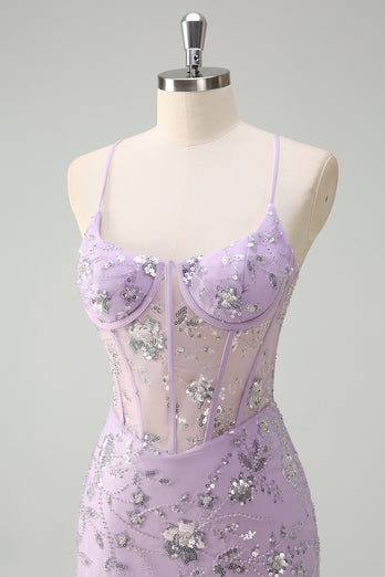 Sparkly Lilac Corset Beaded Prom Dress with Slit