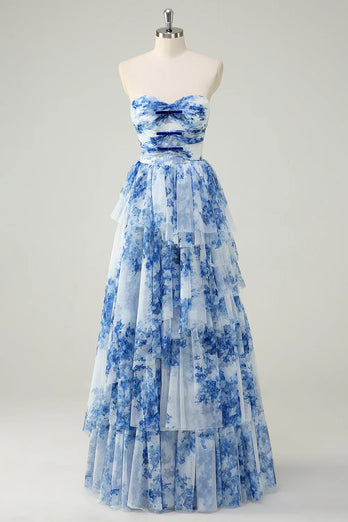 White Blue Flower A-Line Swetheart Tiered Long Prom Dress with Bows