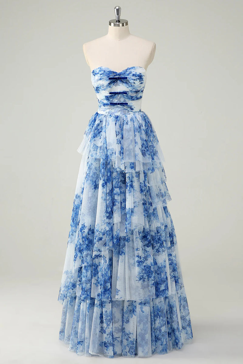 Load image into Gallery viewer, White Blue Flower A-Line Swetheart Tiered Long Prom Dress with Bows