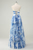 Load image into Gallery viewer, White Blue Flower A-Line Swetheart Tiered Long Prom Dress with Bows