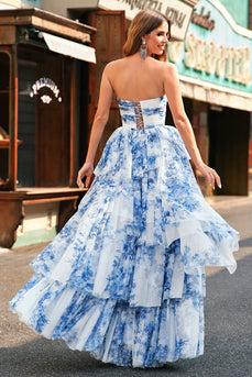 White Blue Flower A-Line Swetheart Tiered Long Prom Dress with Bows