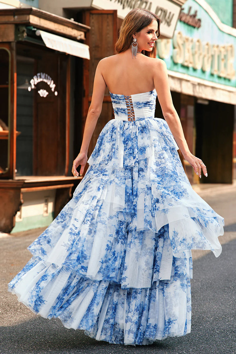 Load image into Gallery viewer, White Blue Flower A-Line Swetheart Tiered Long Prom Dress with Bows