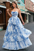 Load image into Gallery viewer, White Blue Flower A-Line Swetheart Tiered Long Prom Dress with Bows