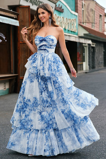 White Blue Flower A-Line Swetheart Tiered Long Prom Dress with Bows